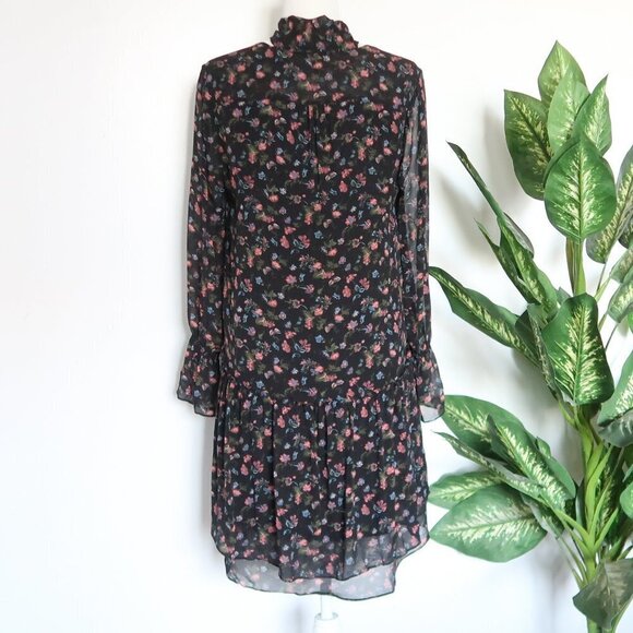 Joie Jamira Black 100% Silk Floral Tie Neck Lined Tiered Ruffle Mini Swing Dress - Picture 8 of 15